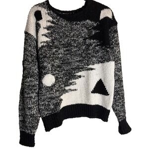VTG Cheval Abstract Geometric Black‎ White Moody Indie Artsy Cozy Knit Sweater L